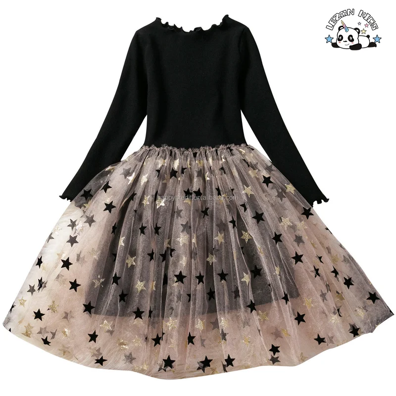 LEZONKIDS - Novos vestidos de tule personalizados com manga longa, elástico e estrelas impressas com lantejoulas para meninas